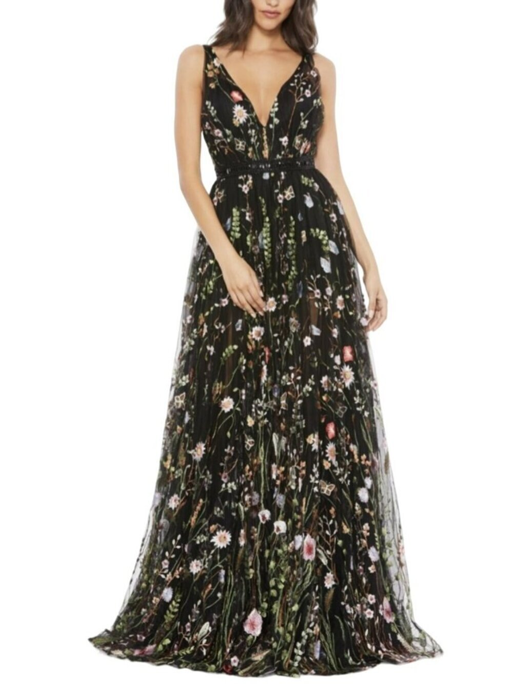 Mac Duggal Floral Embroidered Plunge Neck Maxi Dress Formal Gown Sz 2 NWT